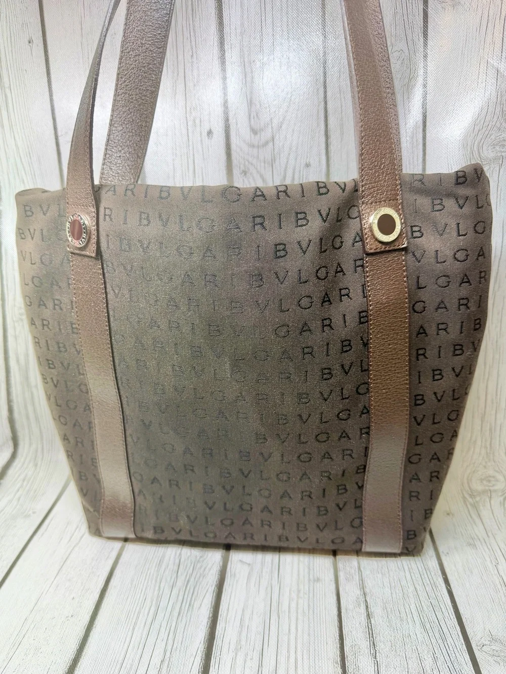 PRE LOVED BVLGARI Logo Mania Shoulder Tote Bag canvas leather Brown